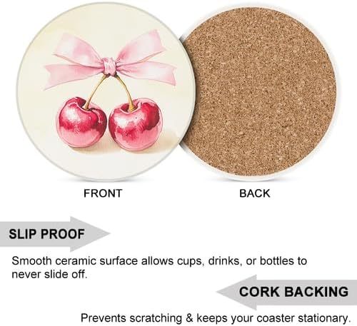 Ceramic Coasters Set of 4 Absorbent Stone Drink Coasters with Holder,Non-Slip Cork Backing,Cherry Coasters for Coffee Table,Desk & Home Decor
