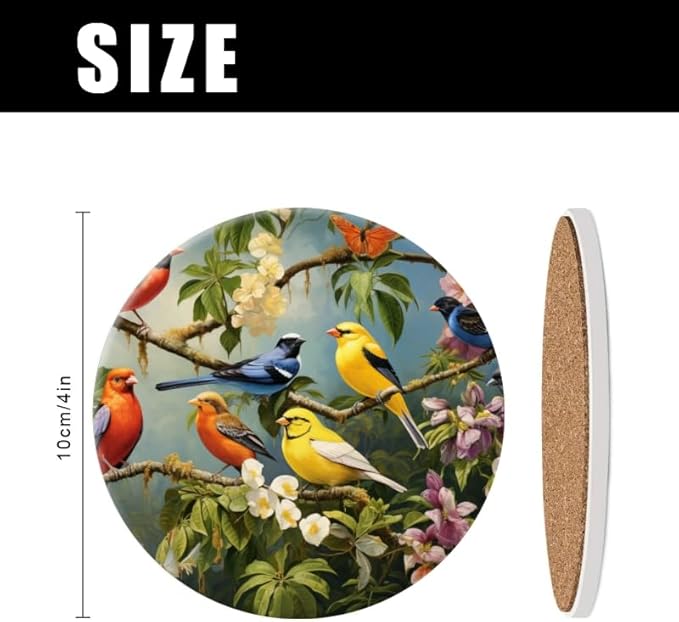 Ceramic Stone Cork Coasters for Drinks Tableware, Vibrant Birds Perched on Tree Branches Round Absorbent Durable Aesthetic Art Cup Mat Protects Tables and Surfaces Set of 1 (4 * 4 Inch)
