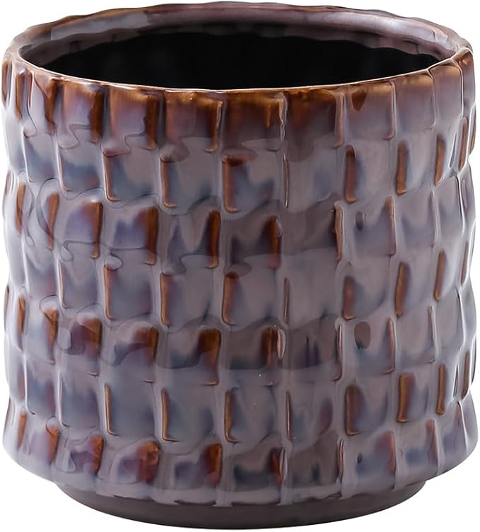Utensil Crock Kitchen Utensil Holder, 5 Inches Small Ceramic Utensil Holder for Countertop, Unique Embossed Checkered Pattern, Cooking Utensil Crocks for Kitchen, Home Decor Gift 1 PC Plum Bronze