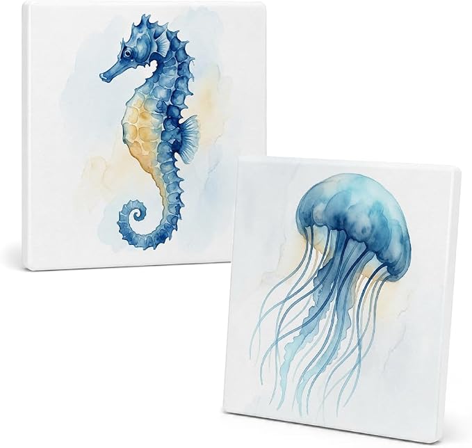 2 Pcs Watercolor Blue Seahorse Jellyfish Ceramic Coasters, Absorbent Coasters for Drinks, Sea Theme Cup Coaster Mat for Sea House Desk Coffee Bar Table, Beach Nautical Kitchen Decor