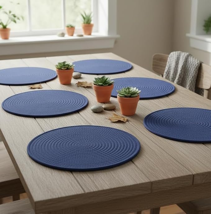 Round Placemats Set of 6 with Basket, 13" Cotton Woven Table Mats, Non-Slip Heat-Resistant, Washable Dining Chargers, Kitchen Hot Pads, Farmhouse Décor, Wedding & Holiday Use (Blue)