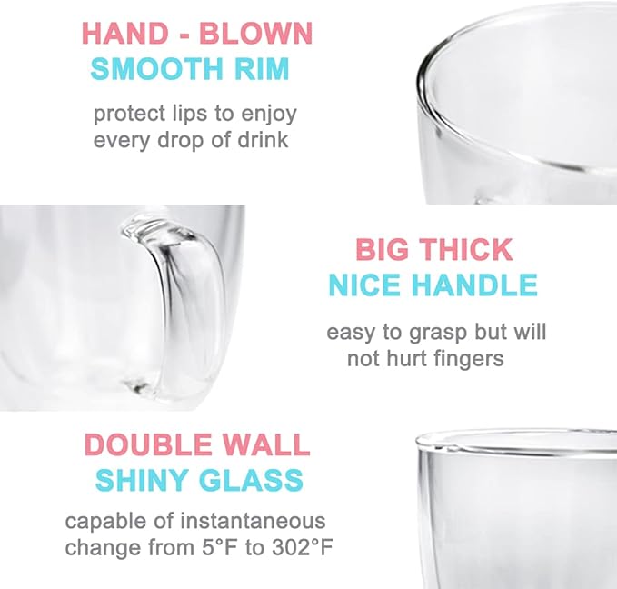Double Wall Glass Coffee Mug - 19 Ounce (560 ml) Insulated Clear Latte Cup with Handle, Great for Espresso Cappuccino and Juice