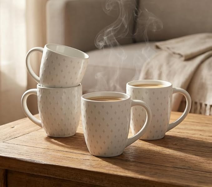 14 oz Ceramic Coffee Mugs Set of 4 - White Stoneware Cups with Large Handle - Microwave & Dishwasher Safe Mugs for Tea, Coffee, Latte - Premium Kitchen & Housewarming Gift Set