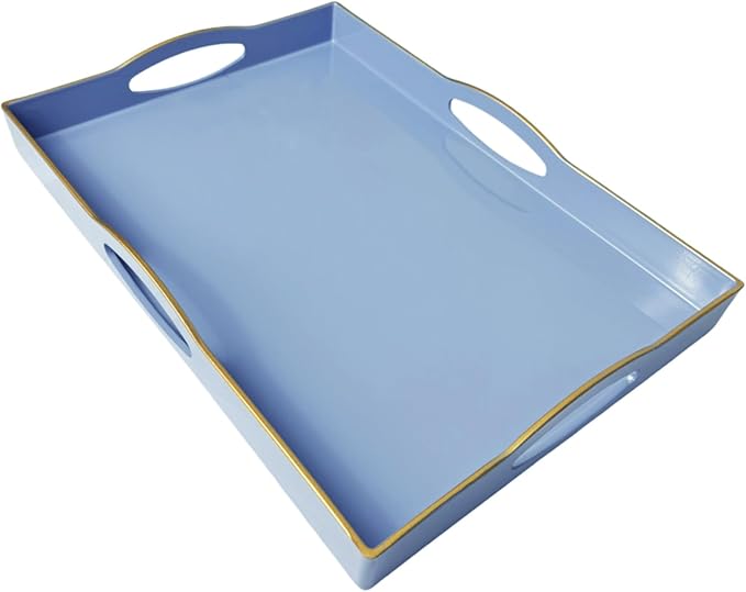 Blue Serving Tray with 4 Handles, Plastic Decorative Tray for Coffee Table, Ottoman - Ideal for Living Room & Bathroom. 15” x 11” x 1.9”