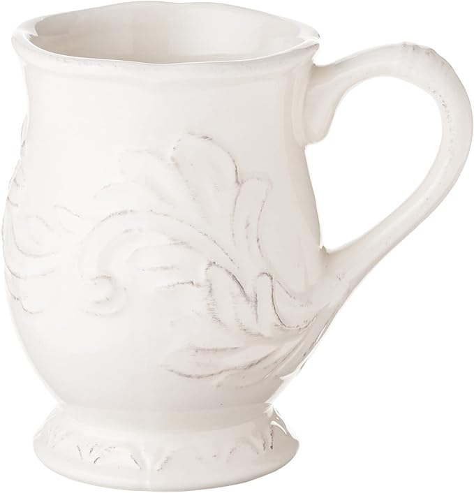Firenze Ivory 16 oz Pedestal Ceramic Mugs, Set of 4 – Vintage-Inspired Embossed Drinkware with Easy Grip Handle – Elegant White Coffee and Tea Cups for Everyday or Entertaining
