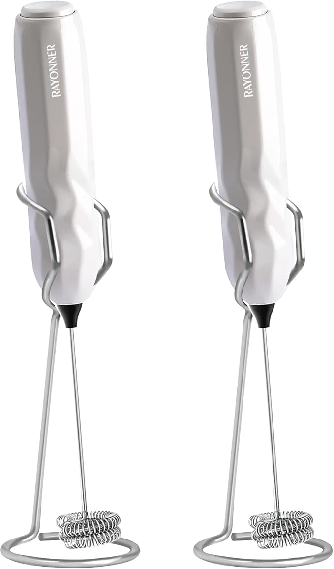 RAYONNER Milk Frother Handheld Fast Powerful Drink Mixer with Stainless Steel Whisk for Coffee (2Pack White with Stand)