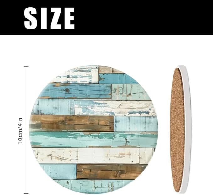 Ceramic Drink Coasters Absorbent Set of 1, Distressed Blue and White Planks Round Anti Slip Modern Cup Coasters for Desk Kitchen Office Housewarming Hostess Gifts (4 * 4 Inch)