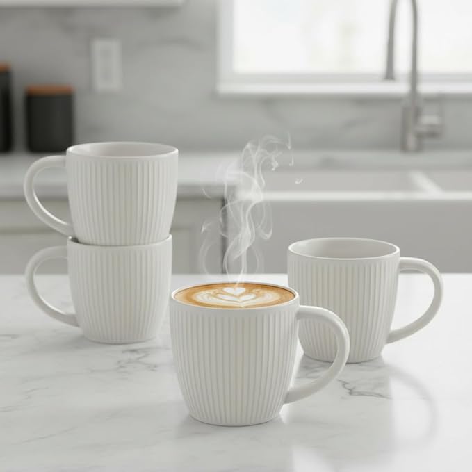 Embossed Ceramic Coffee Mug Set of 4-14 oz Vertical Striped Texture Tea Cups, White Porcelain Mugs with Large Handle for Latte, Cappuccino, Milk, Microwave & Dishwasher Safe