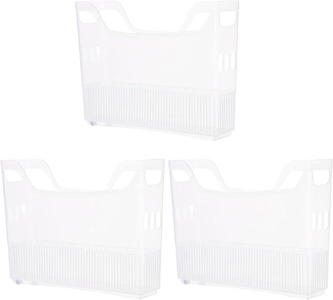 3 Pcs Kitchen Pantry Storage Organizer Bins, Rolling 13.4 X 9.8 X 3.5 in Baskets with Wheels, Stackable Clear Plastic Freezer Organizer for Office