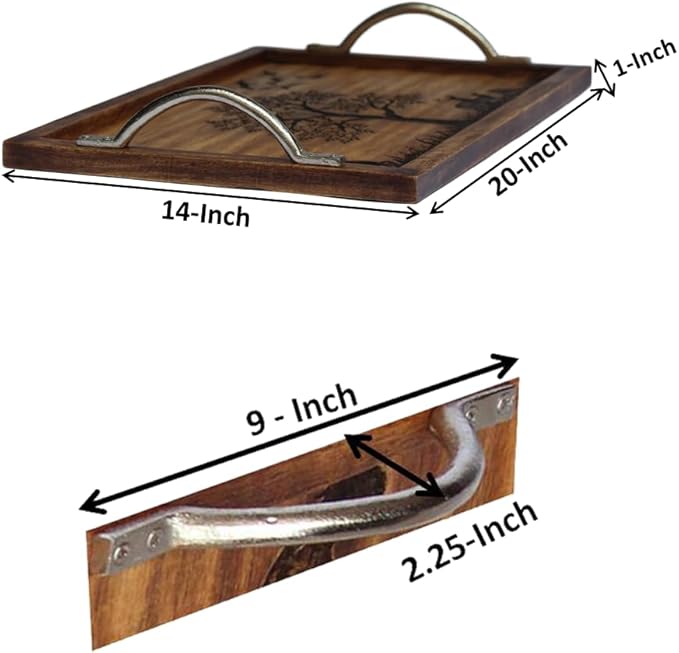 Large Wooden Serving Tray with Nature Scene, Decorative Tree and Wildlife Design, Metal Handles
