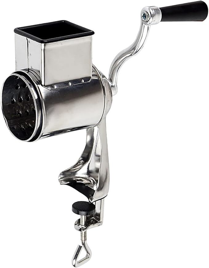 DYNAMI 5 in 1 Stainless Steel Rotary Grater,Kitchen Grater Vegetable Slicer,Cheese Rotary Chopper Food Mills With 5 Stainless Drum,for Home Kitchen Restaurant (Clamping type,Silver)