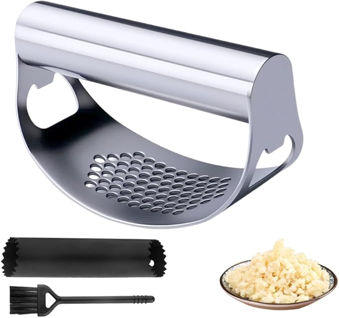 Stainless Steel Garlic Press, 2025 Upgrade Arc Shape Stainless Steel Ring Garlic Chopper, Garlic Presse Rocker Garlic Press Mincer Crusher Press, Home Heavy Duty Handle Garlic Chopper (1)