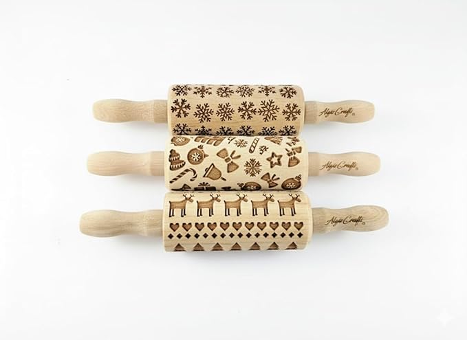 CHRISTMAS 3 Mini Embossed Rolling Pin Set Wooden Laser Engraved Textured rolling pins with Snowflakes, Elks, Christmas Trees and Gifts for Cookies by Algis Crafts