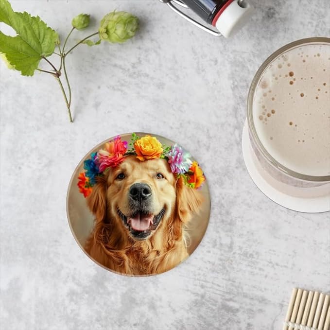 1 Pcs Coffee Cup Coasters for Drinks, Smiling Golden Retriever with Colorful Flower Round Absorbent Non-Slip Ceramic Stone Cork Coasters for Kitchen Office Decoration Bar (4 * 4 Inch)