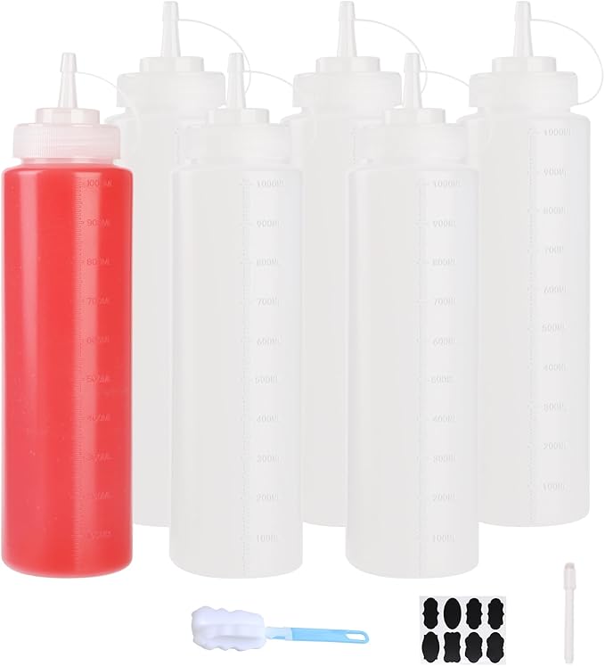 6 Pack 32 oz Squeeze Bottles for Sauces Plastic Condiment Squeeze Bottles, Wide Mouth with Caps, Perfect for ketchup, BBQ, Condiments, Oil, Icing, Liquids