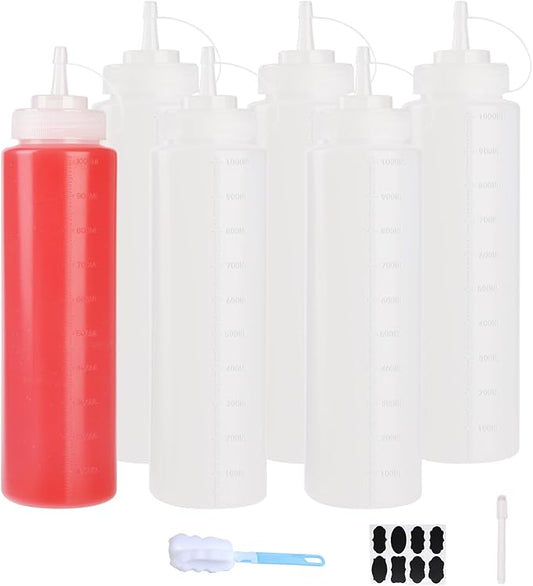 6 Pack 32 oz Squeeze Bottles for Sauces Plastic Condiment Squeeze Bottles, Wide Mouth with Caps, Perfect for ketchup, BBQ, Condiments, Oil, Icing, Liquids
