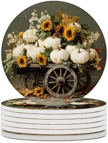 Pumpkin Coasters Set of 6, 4inch Coasters for Drinks Absorbent Stone with Holder Fall Decorations Ceramic Drink Coaster for Tabletop Protection, Coffee Table Decor for Home Decor