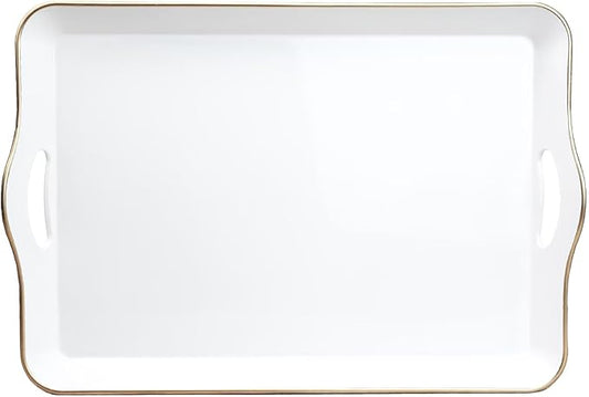 Spsyrine White Decorative Serving Tray with Handles, Elegant Plastic Coffee Table Tray for Ottoman, Living Room, Home Decor