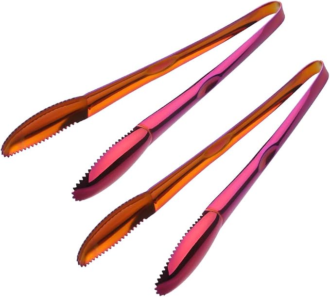 Stainless Steel Cooking Tongs for Frying, 9 Inches Serving Tongs Appetizers Charcuterie with Teeth for Parties, Food Tongs Kitchen Tongs for Nonstick Cookware, Set of 2 (Rainbow red)