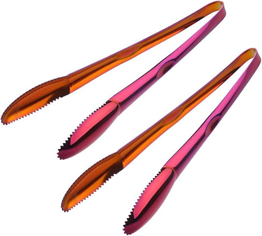 Stainless Steel Cooking Tongs for Frying, 9 Inches Serving Tongs Appetizers Charcuterie with Teeth for Parties, Food Tongs Kitchen Tongs for Nonstick Cookware, Set of 2 (Rainbow red)