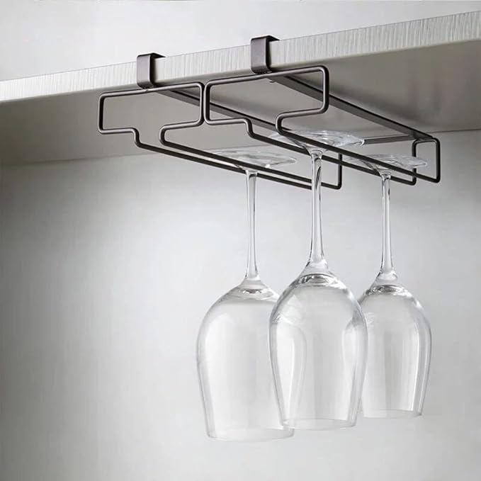 Metal Stemware Rack, Multifunction Wine Glass Holder Under Cabinet, No Drilling Champagne Goblets Storage Shelf, Home Glass Hanging Holder, 2 Rows (Color : Black)