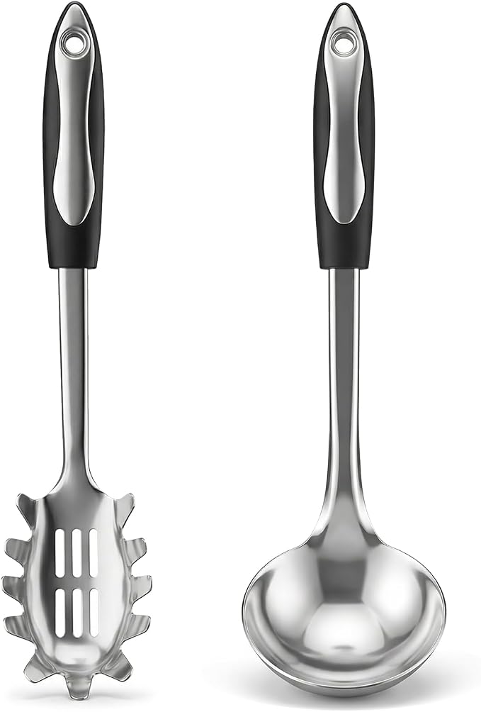 2 PCS Stainless Steel Soup Ladle and Spaghetti Spoon, Heat Resistant Non‑Slip Handle, Dishwasher Safe Kitchen Utensils for Cooking, Stirring, Serving Pasta, Soup and Sauce