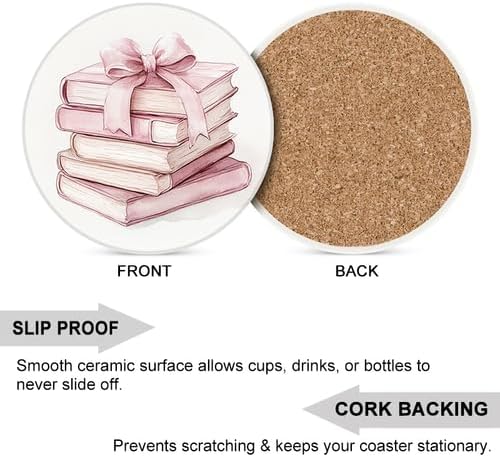 Ceramic Coasters Set of 4 Absorbent Stone Drink Coasters with Holder,Non-Slip Cork Backing,Pink Books Coasters for Coffee Table,Desk & Home Decor