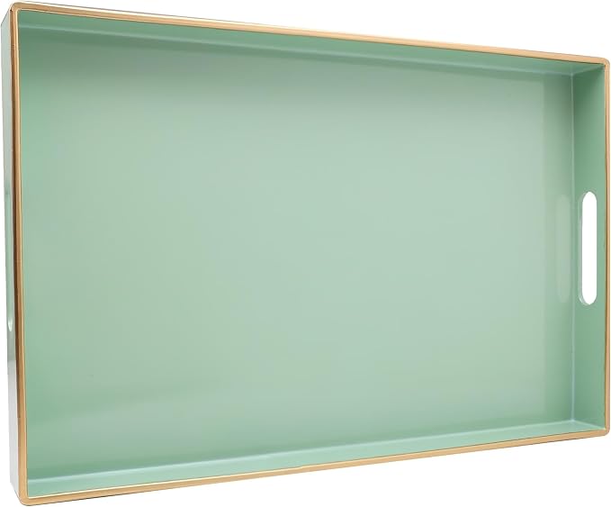 Spsyrine Green Decorative Serving Tray with Handles, Elegant Plastic Coffee Table Tray for Ottoman, Living Room, Home Decor 15.6" X 10.2"