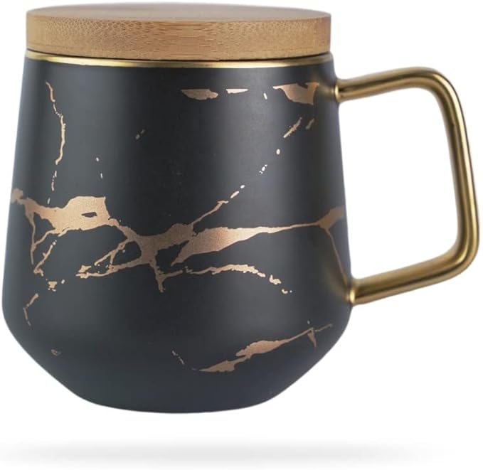 Classic Ceramic Kintsugi Style Black Coffee Tea Mug with Gold Inlay, Spoon and Bamboo Lid- 12 OZ, Large Mugs for Men and Women, Unique Design, Perfect Novelty Gift- Dishwasher Safe