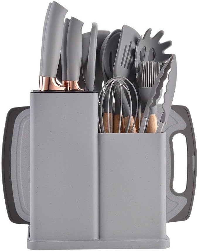 19-Piece Kitchen Utensil & Knife Block Set: 12 Non-Stick, Heat-Resistant Silicone Cooking Utensils (Spatula, Tongs, Ladle, Scissors) + 5 Sharp Kitchen Knives & Cutting Board (Gray)