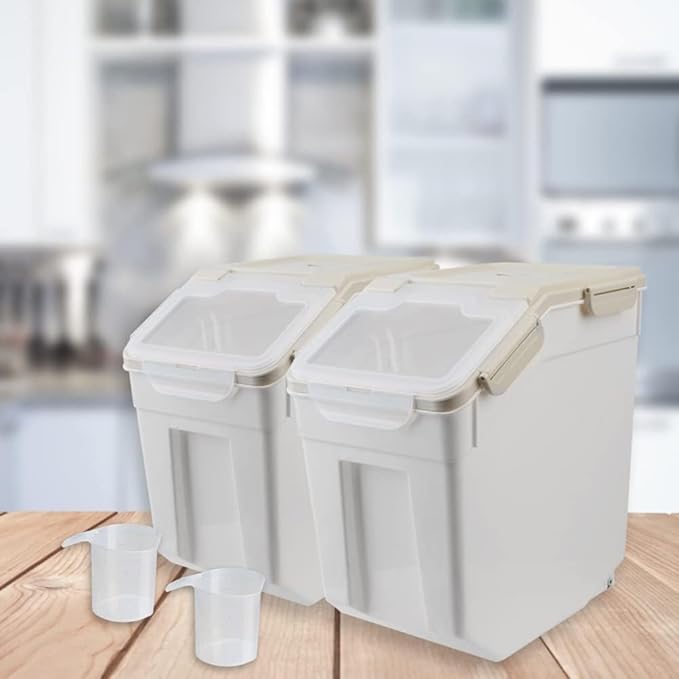 Saim Large Flour Storage Container Bin 50lb, 2Pack Airtight Rice Storage Containers with Wheels Seal Locking Lid, Dry Food, Sugar, Baking Supplies, Rice Dispenser Set with Measuring Cup & Scoop - Grey