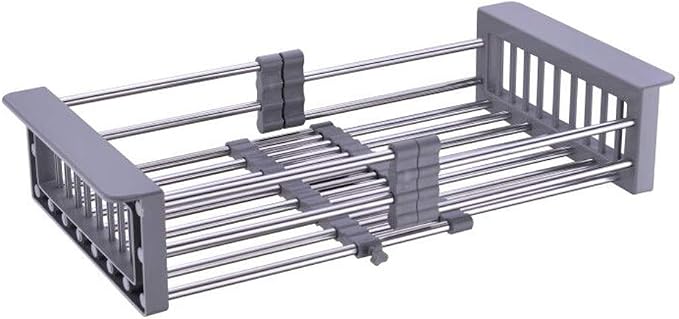 Over Sink Dish Drying Rack Gray, Sink Dish Drainer Expandable Stainless Steel Dish Drainers for Kitchen Counter Dish Dryer Rack Utensil Holder Kitchen Organizer for Dishes Veggies and Fruits
