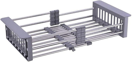 Over Sink Dish Drying Rack Gray, Sink Dish Drainer Expandable Stainless Steel Dish Drainers for Kitchen Counter Dish Dryer Rack Utensil Holder Kitchen Organizer for Dishes Veggies and Fruits
