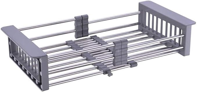 Dish Drying Rack, Stainless Steel Dish Drainer with Adjustable Arms Holder Functional Kitchen Sink Organizer for Vegetable and Fruit, Gray Large