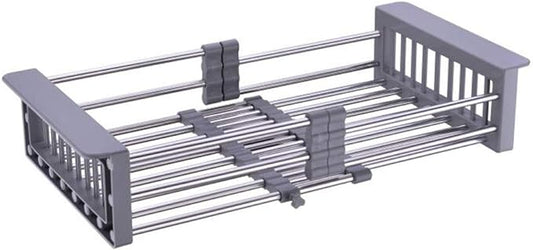 Dish Drying Rack, Stainless Steel Dish Drainer with Adjustable Arms Holder Functional Kitchen Sink Organizer for Vegetable and Fruit, Gray Large