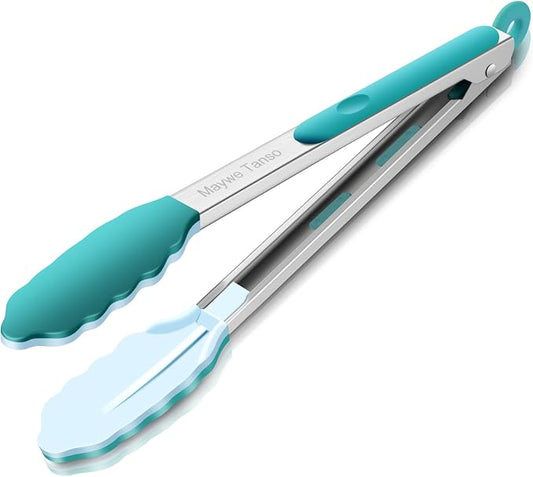 600℉ Heat Resistant Kitchen Tongs for Cooking with Silicone Tips,12-Inch Stainless Steel Locking Cooking Tongs Food Tongs for BBQ,Cooking,Salad and Serving Food,Heavy Duty,Non-Stick (Turquoise)
