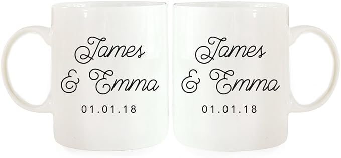 Andaz Press Personalized Name 11oz. Ceramic Ceramic Valentines Day Coffee Mugs Wedding Anniversary Couples Gift Set, Bride Groom Names and Date, 2-Pack, Custom Names, Long Distance Gift Ideas
