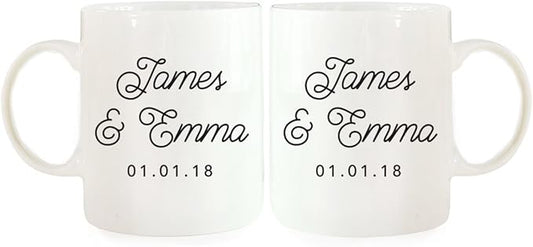 Andaz Press Personalized Name 11oz. Ceramic Ceramic Valentines Day Coffee Mugs Wedding Anniversary Couples Gift Set, Bride Groom Names and Date, 2-Pack, Custom Names, Long Distance Gift Ideas