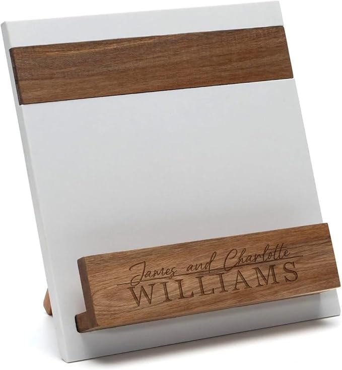 Personalized Cookbook Stand – Custom Engraved Acacia Wood & White Marble Recipe Book Holder with Weighted Base – Rustic Design, Tablet & Cookbook Stand for Kitchen Counter, 12 × 11 × 7.5 