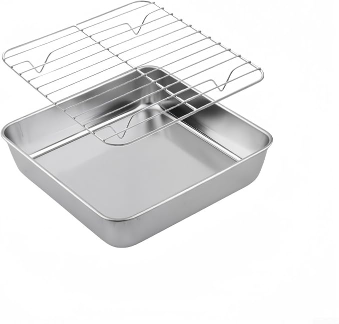 for premium Stainless Steel Baking Pan Set with Cooling Rack, for versatile Oven Tray for Roasting Meat Veggies, Silvery Dishwasher Safe Kitchenware(20CM)
