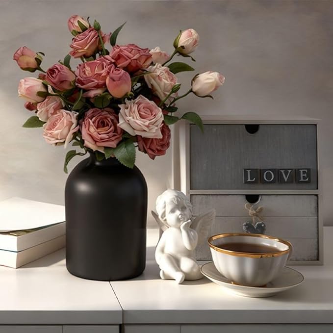 Artificial Flowers with Matte Black Metal Vase, 18 Heads Silk Roses,Faux Flowers for Centerpieces,Modern Farmhouse Decor Home Decor, Tabletop Decorations for Party, Kitchen Dining Coffee Table Decor