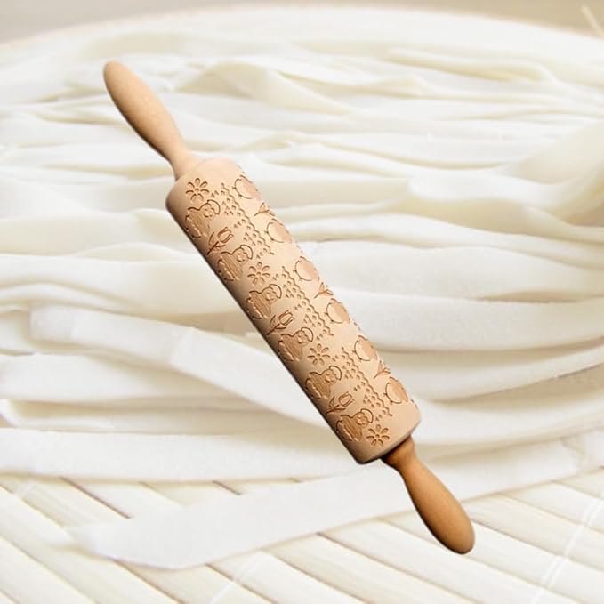 DECHOUS Easter Embossed Rolling Pin 13.78 Inch Chicken Flower Pattern Wooden Dough Roller for Baking - Home Kitchen Essential Rolling Pin for Cookie Dough Pastry Pizza Fondant