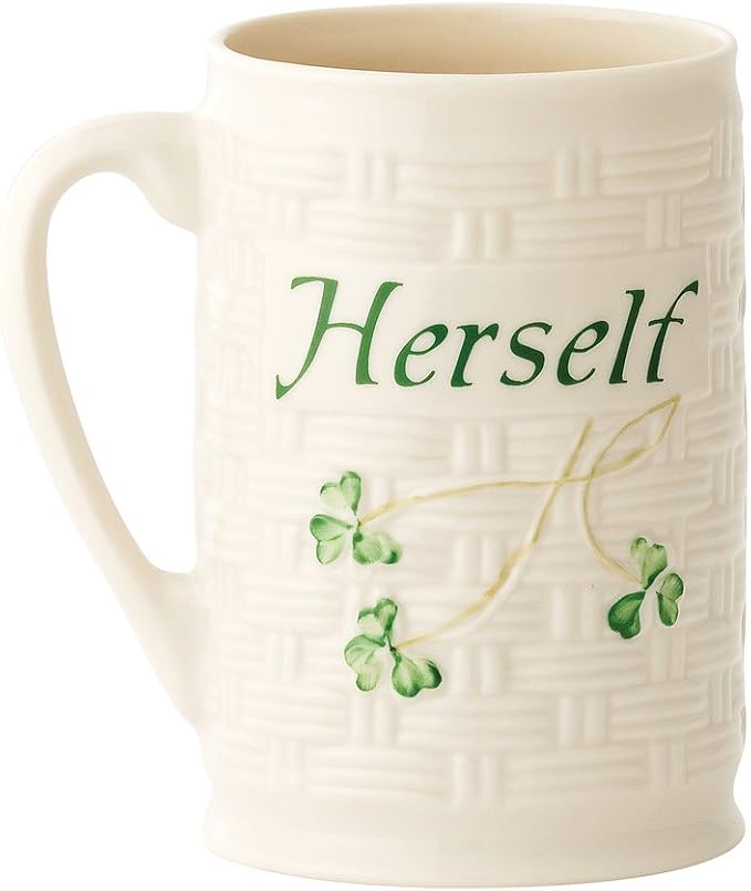Belleek Classic Herself 12 oz Irish Coffee Mug, Handcrafted Microwave Safe Parian China Cup, Shamrock Decor, White