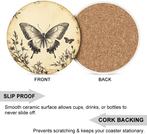 Ceramic Coasters Set of 4 Absorbent Stone Drink Coasters with Holder,Non-Slip Cork Backing,Butterfly Coasters for Coffee Table,Desk & Home Decor