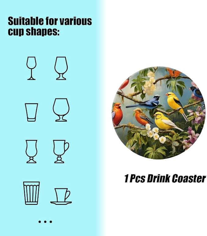 Ceramic Stone Cork Coasters for Drinks Tableware, Vibrant Birds Perched on Tree Branches Round Absorbent Durable Aesthetic Art Cup Mat Protects Tables and Surfaces Set of 1 (4 * 4 Inch)