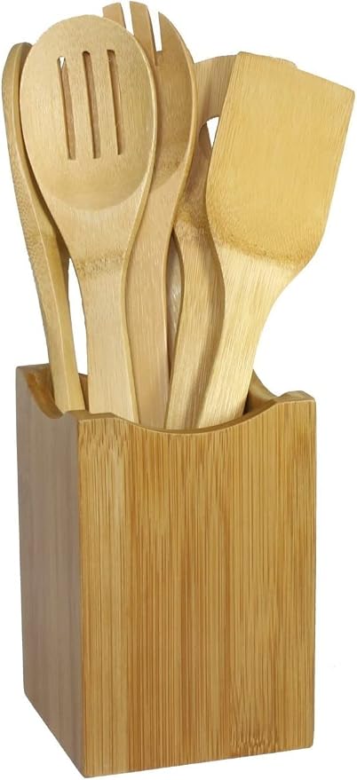 JapanBargain, 2-Pack Bamboo Cooking Spatula Utensil Holders, Counter Top Organizer for Chopsticks Flatware, Cooking Tools, Spoons, 4x4x5.5 inch