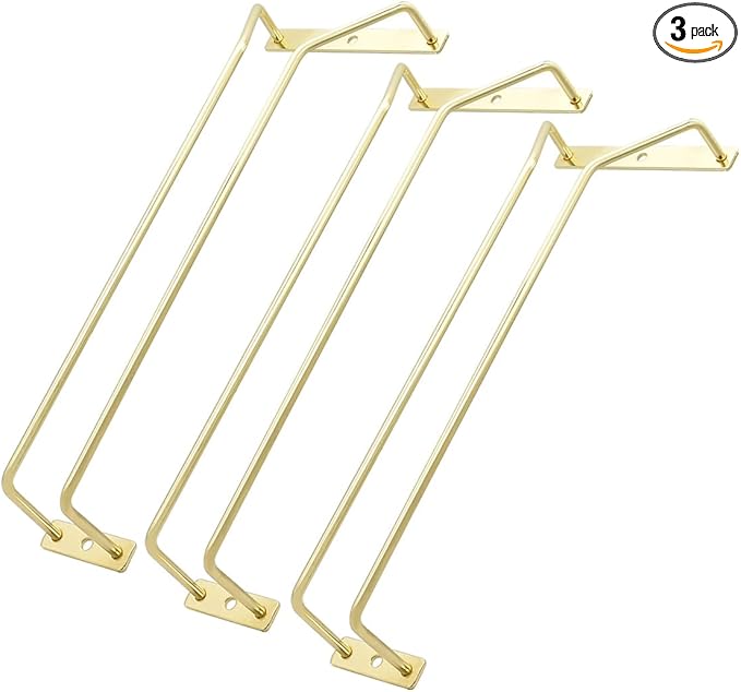 12-Inch Gold Wine Glass Rack, Under Cabinet Wine Glass Holder Stemware Rack - Hanging Stemware Holder for Cabinet Kitchen Bar, Set of 3