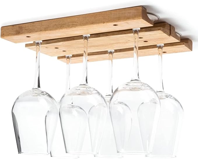 Woody Wine Glass Holder Rack 11 Inch Woody Hanging Wine Glass Holder Mounted Under-Cabinet Stemware Storage Rack with 8 Mounting Screws No Drilliing(4 rows 2 rows)