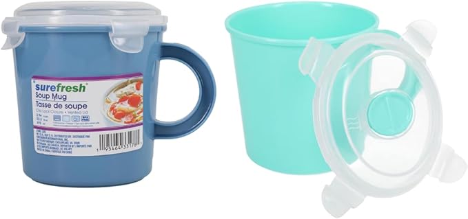 (2) Soup Mug Vented Lid Microwave Safe Plastic Food Storage Container MAY VARY Clip Lock Closure Reusable Cup for Noodles Leftovers Lunch Travel Meal Prep