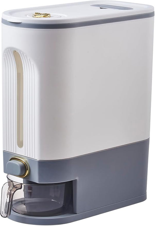Sooyee 22 Lbs Rice Dispenser, Large Grain Container Storage with Lid Measuring Cylinder Moisture Proof Household Cereal Dispenser Bucket for Kitchen Soybean Corn, White and Grey